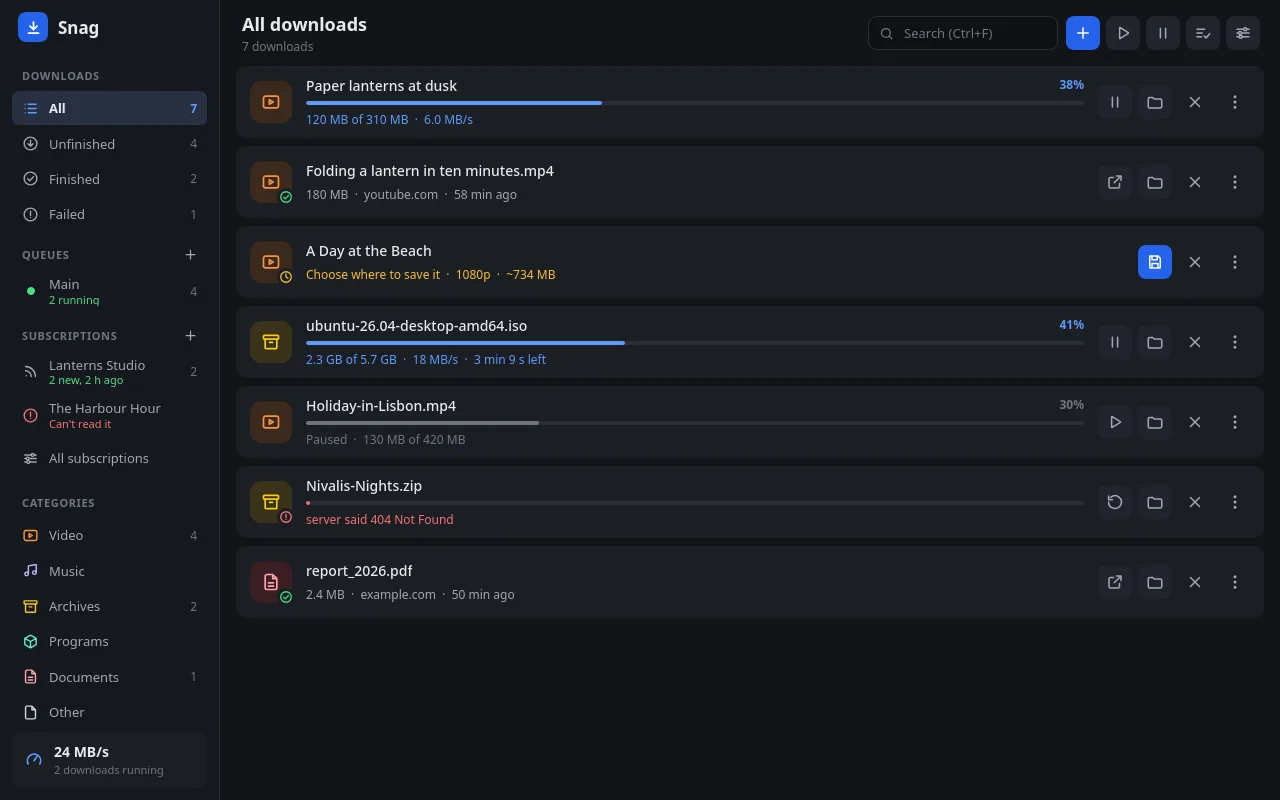 Snag's window: downloads with their progress, queues, subscriptions and categories