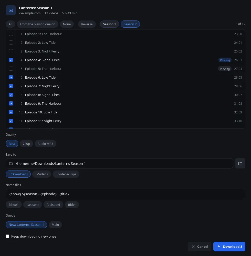 The Download playlist window: episodes ticked, quality, folder and file names